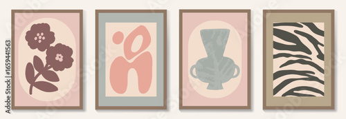 Abstract botanical poster vector set. Leaves, flower, vase with watercolor and grain texture in earth tone colors. Illustration design for Eco packaging, interior, cover, wall art, wallpaper.