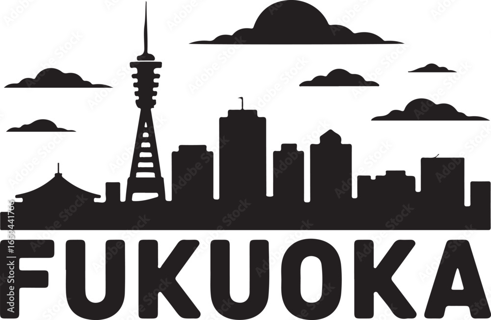 Fototapeta premium Fukuoka Skyline Silhouette | Black Vector Cityscape on White Background
