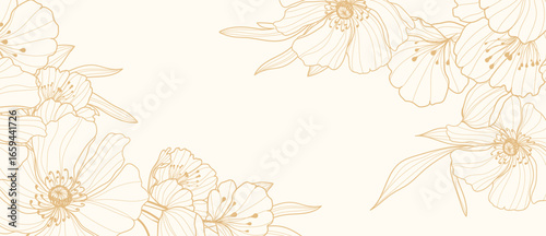 Gold Flower hand drawn on white background vector. Natural botanical elegant poppy flower with gold line art. Luxury illustration for decoration, wall decor, wallpaper, cover, banner, package, card. 