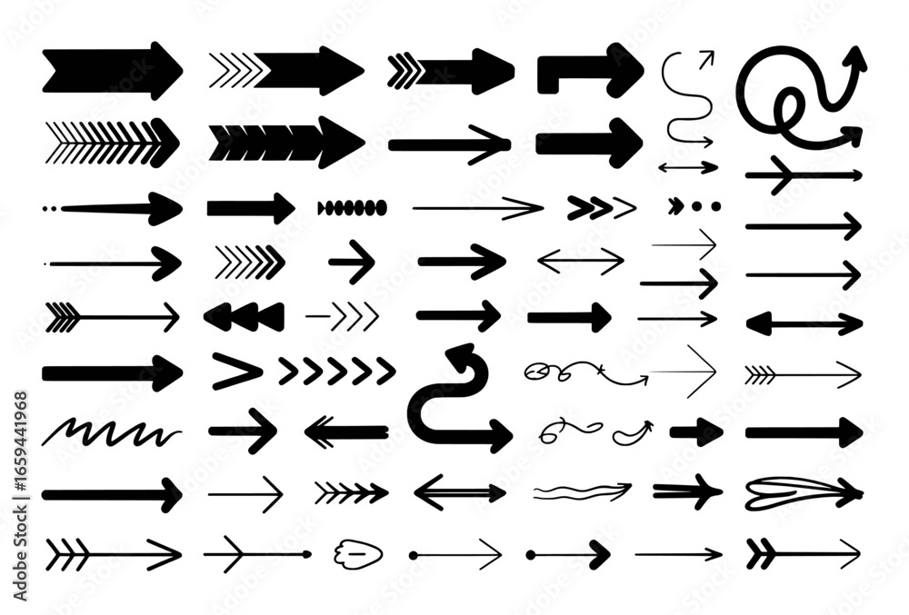 Fototapeta premium Collection of Diverse Black Arrow Icons and Symbols on White Background