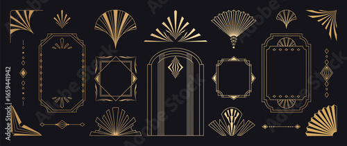 Geometric art deco ornament vector set. Luxury golden decorative elements with different lines, frames, headers, dividers and borders. Set of elegant design suitable for card, invitation, poster.