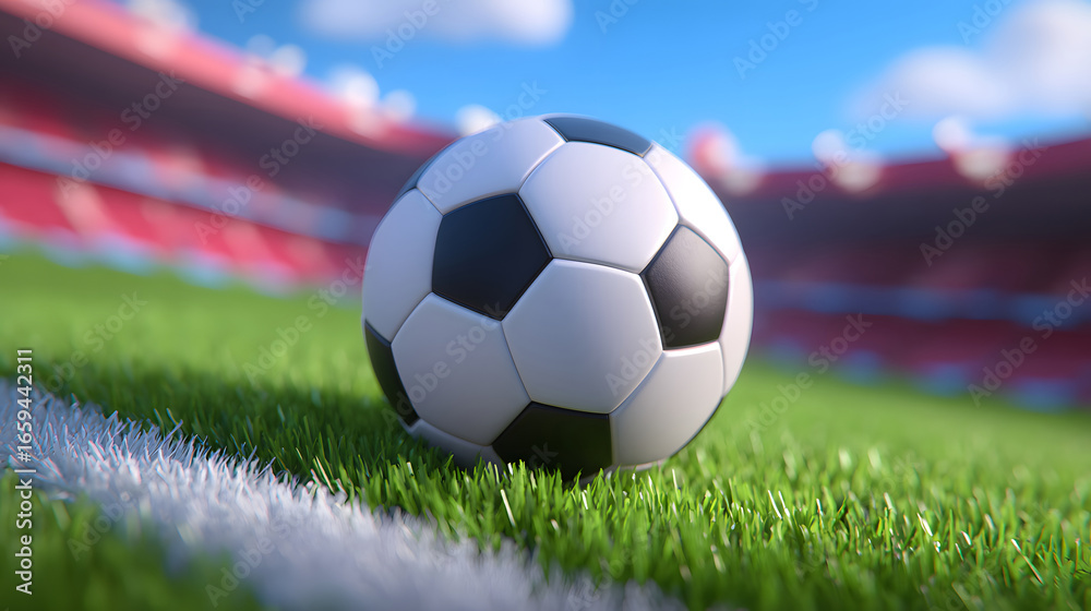 Fototapeta premium Classic black and white soccer ball on green field corner