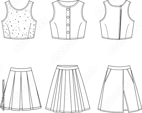 Women’s crop top and pleated skirt fashion flat sketch, technical vector drawing, front and back clothing design for apparel template