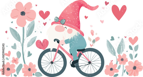 Whimsical watercolor gnome riding a pink bicycle through a garden of pink flowers and hearts