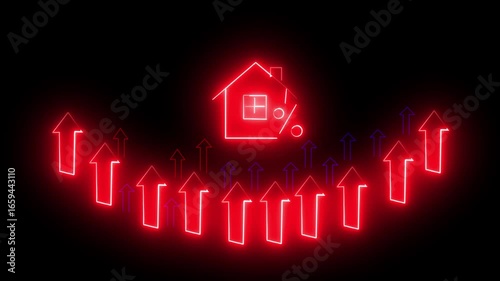 A visual representation of increase real estate values. glowing neon illustrations background .Animated upwards arrows symbolising increase home prices