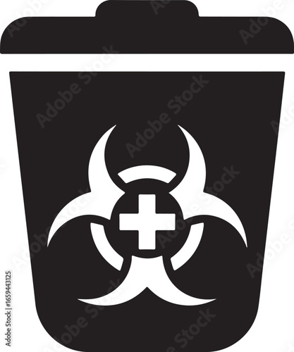 Biohazard Waste Bin Icon with Medical Cross – Hazardous Trash Disposal Symbol