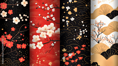 Traditional Japanese Floral Textile Patterns with Cherry Blossom Decorative Style background,generative ai