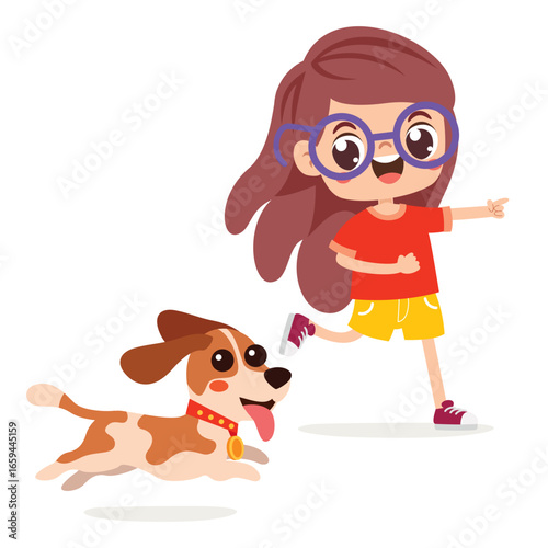 Cartoon Kid Playing With Dog