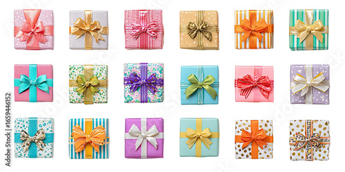 Colorful gift boxes with ribbons and varied patterns