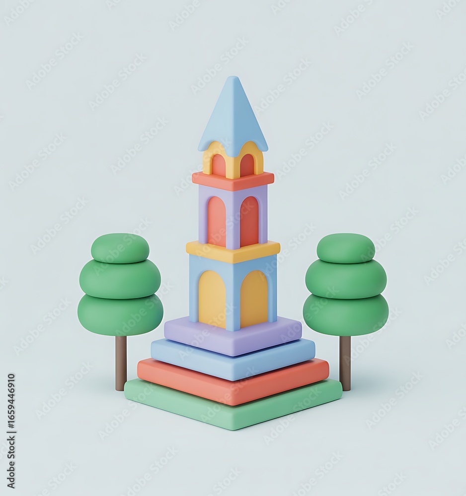 Fototapeta premium Colorful 3D Temple or Monument Icon – Cartoon Style Landmark with Trees and Pastel Steps