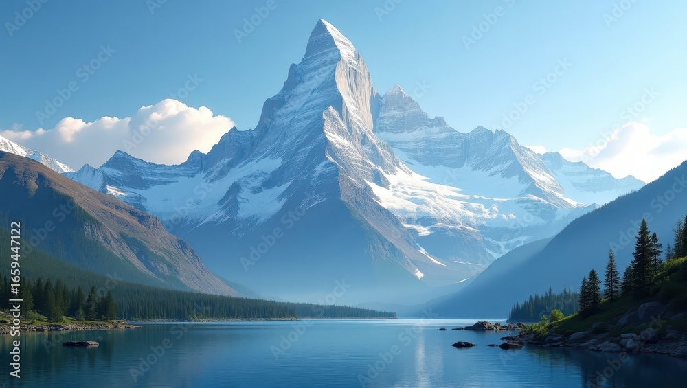 Fototapeta premium A serene mountain lake scene showcases a majestic peak, reflecting tranquil waters and a vibrant landscape.