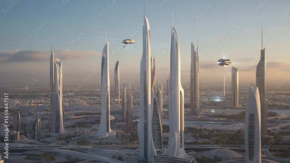 Futuristic Cityscape with White Towers and Spaceships. Futuristic Cityscape with White Towers and Spaceships.