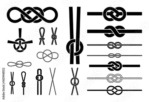 Collection of Various Rope Knots and Hitches in Black and White