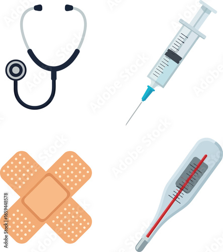 Medical tools illustration featuring a stethoscope, syringe, bandage, and thermometer.