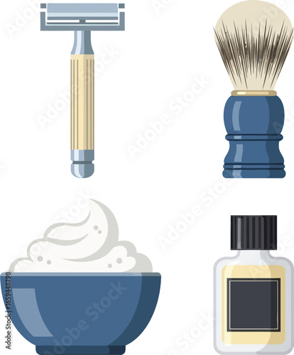 Vector illustration of shaving tools including a razor, brush, shaving cream, and aftershave.