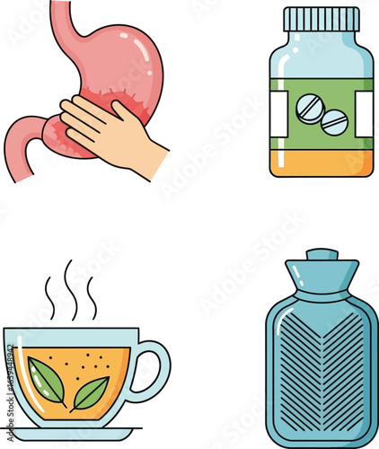 Stomach ache remedies:  herbal tea, pills, hot water bottle, self-care.