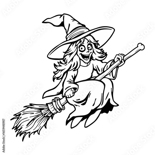 the old witch flying sketch vector illustration