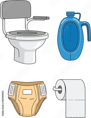 Toilet, urinal, adult diaper, and toilet paper; essential bathroom items.