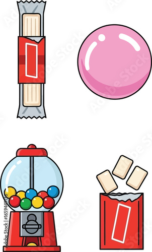 Cartoon illustrations of candy bar, bubble gum, gumball machine, and chewing gum.