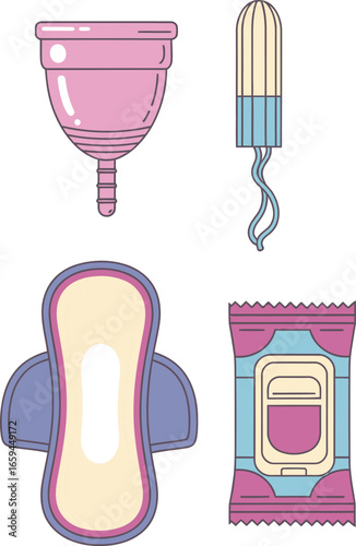 Menstrual hygiene product illustrations:  menstrual cup, tampon, sanitary pad, and panty liner.