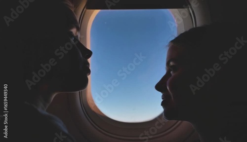 Silhouetted Travelers Looking Out Airplane Window Against Blue Sky