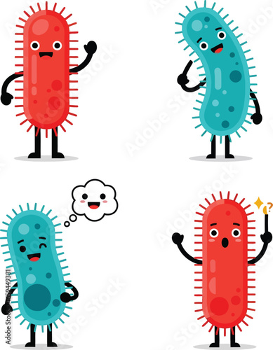 Four cartoon bacteria characters with different expressions and poses, designed for educational or humorous purposes.