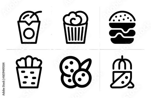 Set of six stylized icons representing fast food and snacks