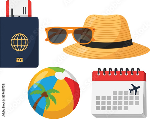 A collection of travel essentials including passport, sunglasses, hat, beach ball, and calendar.