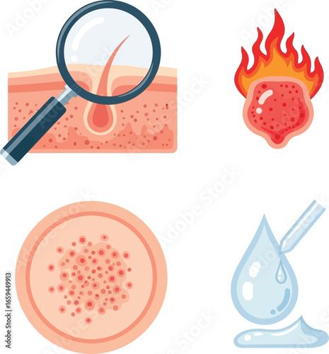 Illustration showing skin anatomy under a magnifying glass, a burning rash, a skin irritation circle, and a drop of serum.