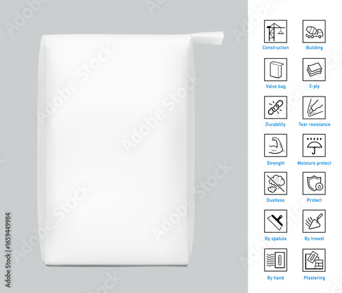 Valve paper bag mockup with set icons. Pasted valve bag mockup. High realistic. Vector illustration isolated on grey background. Ready for use in presentation, promo, advertising and more. EPS10.