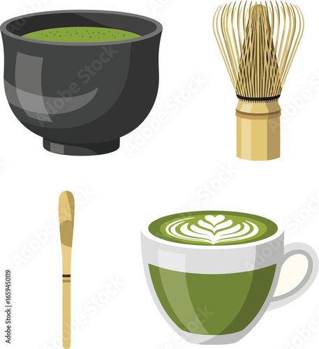 Illustration of matcha tea preparation elements: bowl, whisk, spoon, and a cup of latte with latte art.