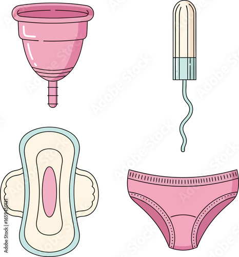 Illustration showing menstrual cup, tampon, sanitary pad, and underwear, representing feminine hygiene products.