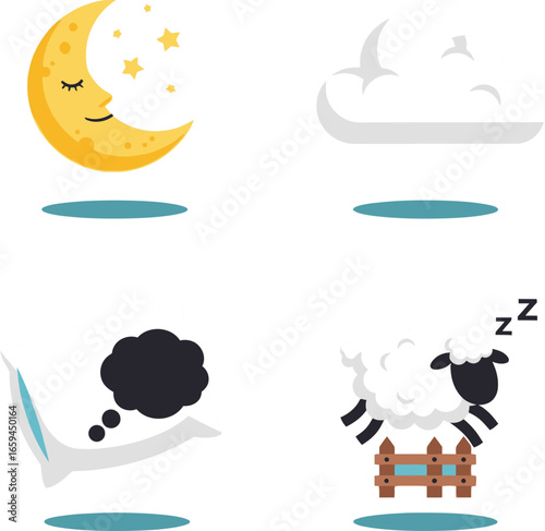 Cartoon illustrations of sleep, moon, cloud, sheep, and thought bubble, representing different aspects of nighttime.