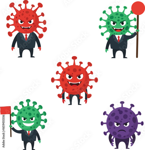 Cartoon virus characters in business suits, displaying various expressions and holding objects, likely for a health or educational resource.