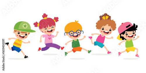 Group Of Cartoon Children Running