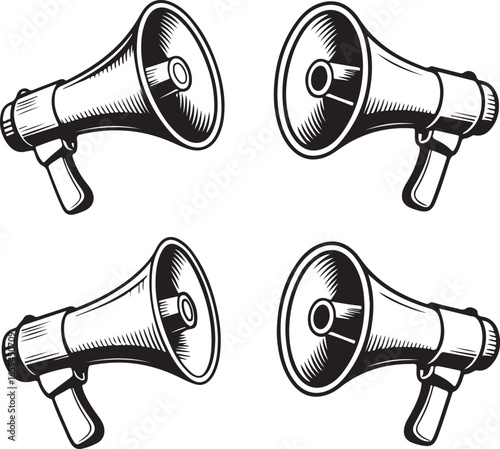 Classic Public Address Megaphone Icons Shouting Mouth, Sound Lines, and Vintage Speaker Horn