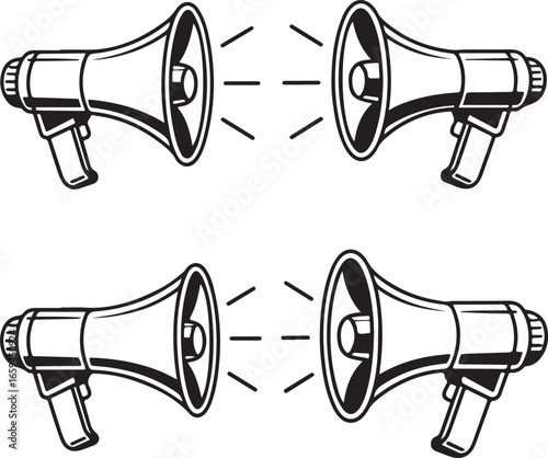 Classic Public Address Megaphone Icons Shouting Mouth, Sound Lines, and Vintage Speaker Horn