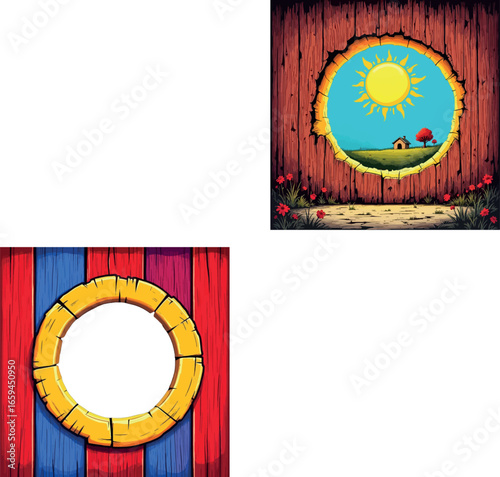 Vsai wooden frame showing idyllic landscape and empty circle on colorful boards