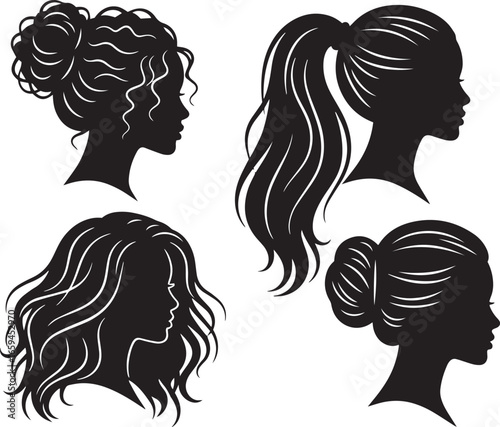 Vector Silhouette of Women Hairstyles – Female Profile with Bun, Ponytail, Wavy Hair and Elegant Beauty Salon Logo Illustration