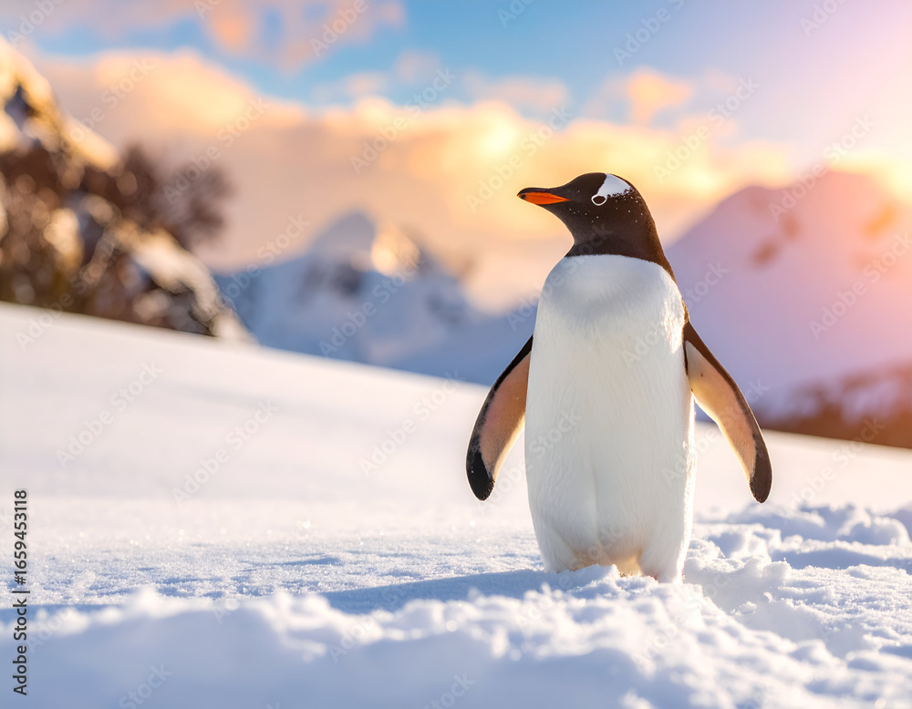 Naklejka premium Gentoo Penguin with Antarctic Sunset.