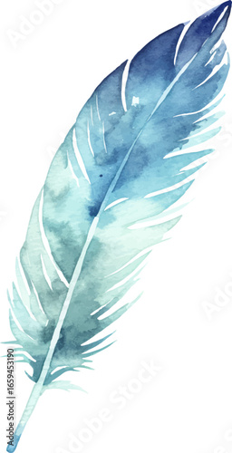 Vector watercolor painted bird feather. Hand drawn design element isolated on white background.