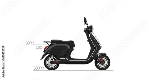 Sleek black electric scooter with speed indicators, side view