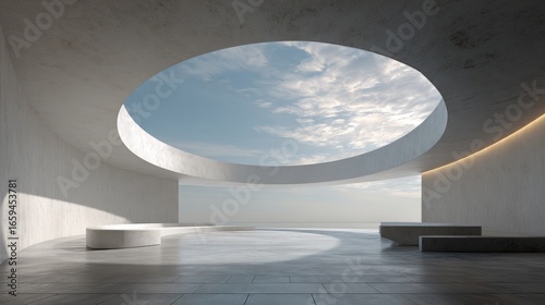 Circular interior with open sky atrium, soft shadows, minimal decor, contemporary design, neutral modern space, 3D rendering