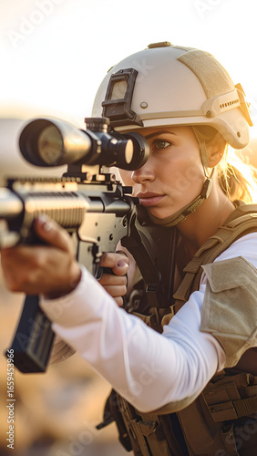 Female soldier aiming rifle with desert.