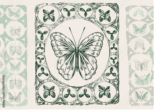 Illustration featuring a central butterfly framed by decorative elements and butterfly motifs on sides