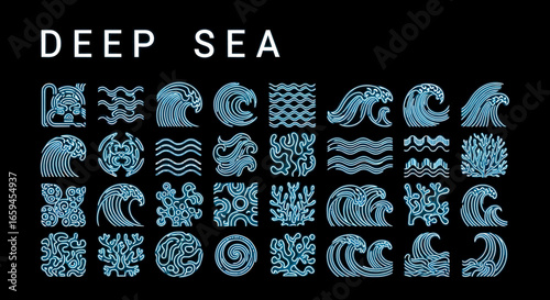 Collection of stylized ocean waves and marine life illustrations in neon blue.