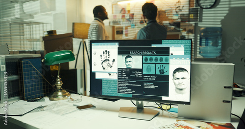 Photos Crime investigation, computer screen or criminal profile for evidence, case report or modus operandi