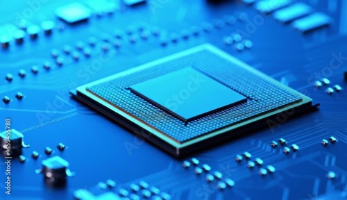 Modern Blue Computer Circuit with Central Processing Unit Close-Up