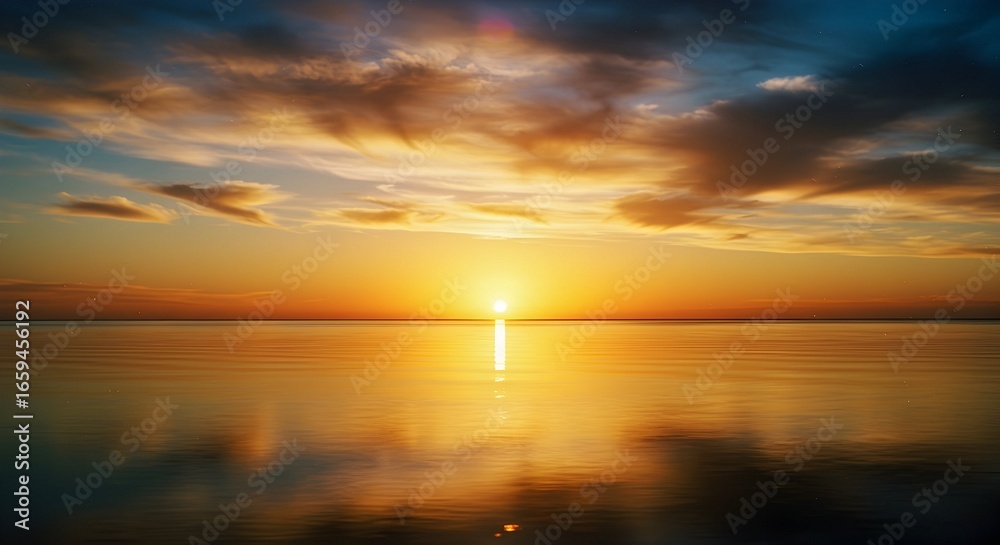 Obraz premium Golden Sunset Over Calm Water with Colorful Clouds