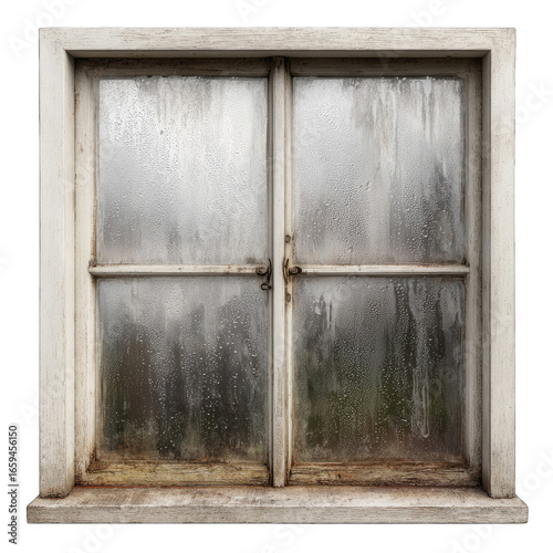 Aged, misty window, weathered wood frame